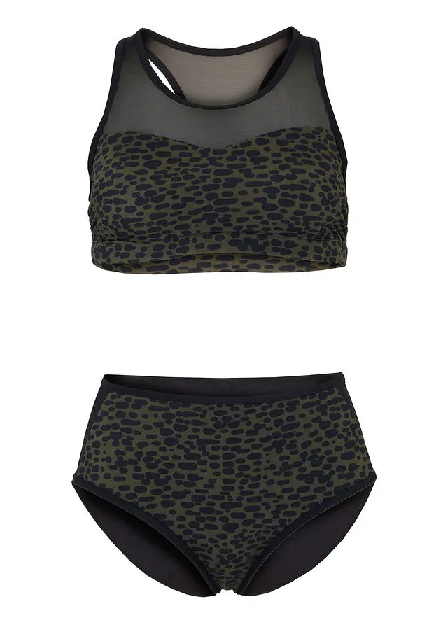 Bikini bustier (conjunto de 2 piezas) de poliamida reciclada con compartimentos para prótesis caqui/negro topos